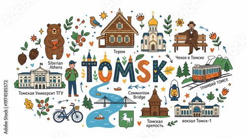 Tomsk City Illustration: Landmarks, Bear, Nature, and Culture
