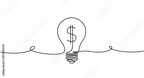 A single continuous black line creates a minimalist drawing of a lightbulb with a dollar sign inside on a pristine white background.