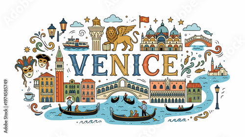 Venice Italy Travel Collage: Gondolas, Landmarks, Masks