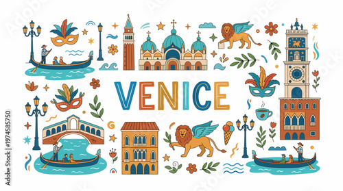 Venice Italy Travel Illustration with Gondolas and Landmarks