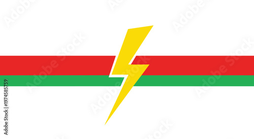 A bold yellow lightning bolt icon diagonally splits a thick horizontal bar, colored red and green, on a stark white background.