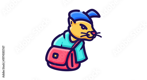 Cartoon animal character with bag and cap isolated on white background