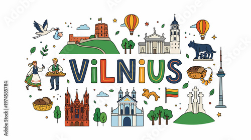 Vilnius Cityscape with Famous Landmarks and Symbols