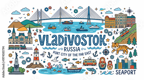 Vladivostok Russia Port City Far East Travel Illustration