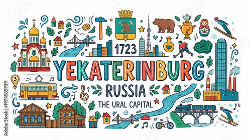 Yekaterinburg Russia Ural Capital City Landmark Doodle Art