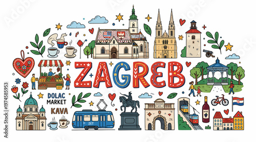Zagreb Croatia Landmark Collage Vector Illustration