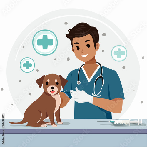 Veterinarian giving a vaccination to a puppy in clinic with the scene is set