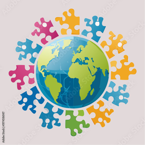 Earth as a jigsaw puzzle with colorful pieces problem solving continents
