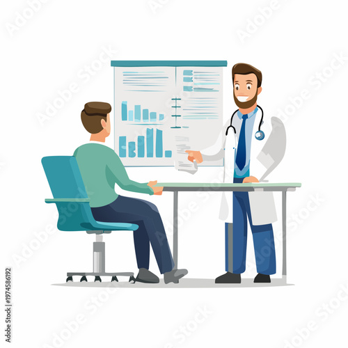 Doctor discussing results with male patient in office medical advice diagnosis