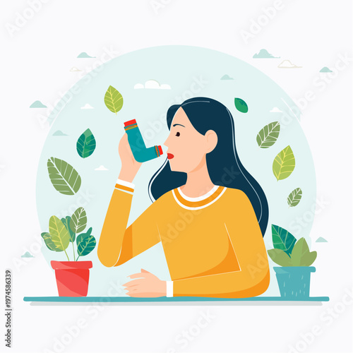 Woman using inhaler for asthma relief among plants with shortness of breath