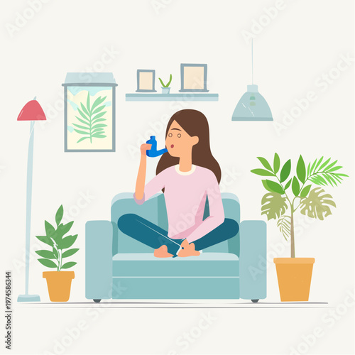 Woman using peak flow meter at home monitoring lung function the scene