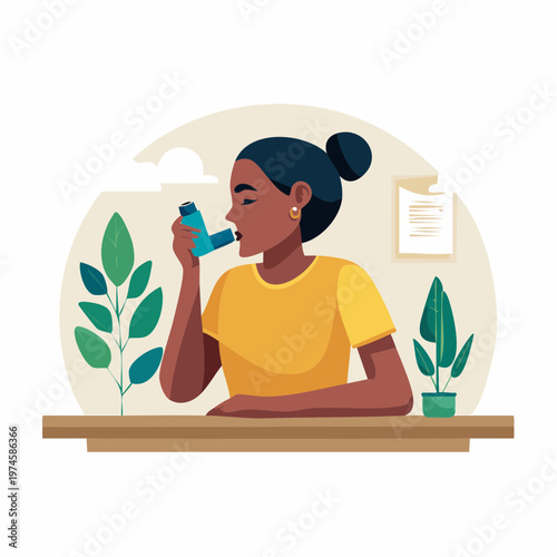 Woman using asthma inhaler, health and wellness concept, a young woman