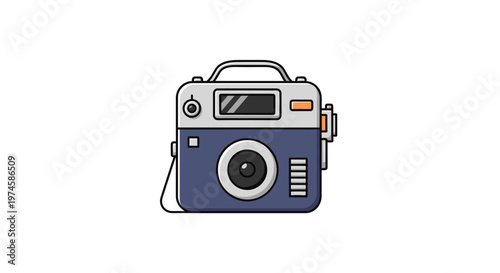 Illustrated camera design with blue and gray colors on a white background