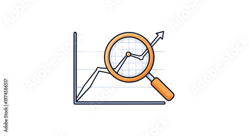 A hand-drawn orange-rimmed magnifying glass with a cross-hatched lens is centrally positioned over a rising line graph featuring a peak and an upward arrow on a white background.
