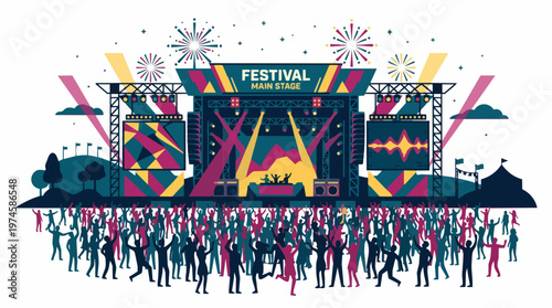 Flat design vector illustration of an outdoor music festival stage and crowd