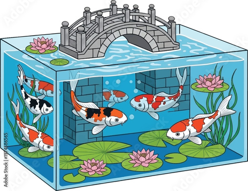 Koi fish swim in a miniature pond with a bridge and lotus flowers inside a glass box