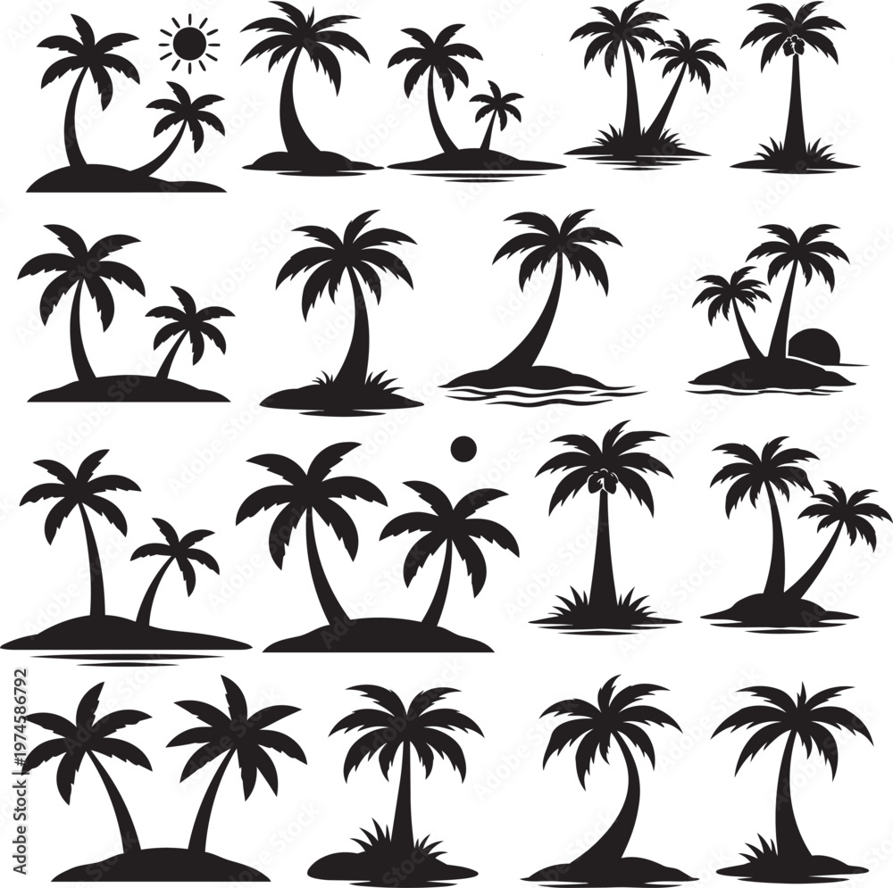 Fototapeta premium Tropical Palm Tree Silhouette Set with Island Landscapes and Beach Scenes Collection