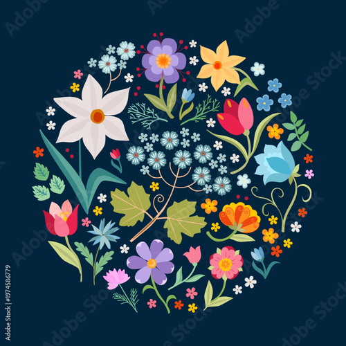 Round composition with bright colorful flowers and leaves on black background. Fashion print.	
