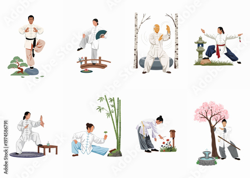 Vector illustration set of people practicing Tai Chi and Qigong in various poses and serene natural settings.