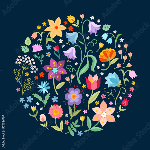 Decorative floral design with colorful flowers on dark background. Spring and summer print. 