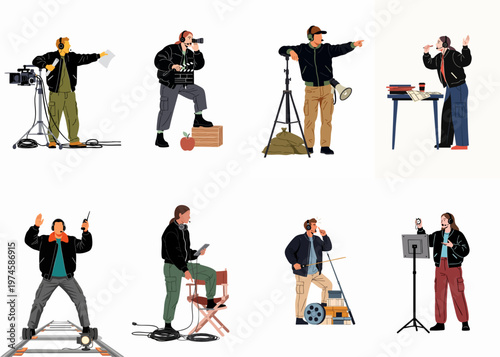 Diverse collection of film production crew members including directors, camera operators and sound technicians working on a movie set in flat vector illustration style