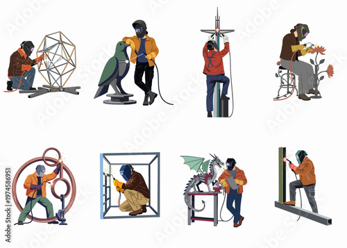 Set of diverse professional welders and metal artists crafting various sculptures and structures using welding equipment in flat vector illustration style.