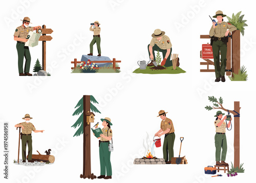 Collection of diverse park rangers in uniform performing environmental conservation, wildlife monitoring, and forest management tasks in a flat vector illustration style.