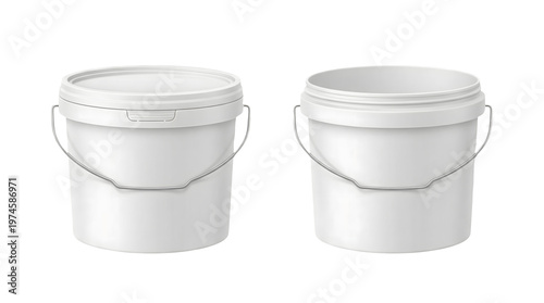 Two clean white plastic buckets one closed with a lid and the other open displayed in bright studio lighting for packaging purposes isolated on transp
