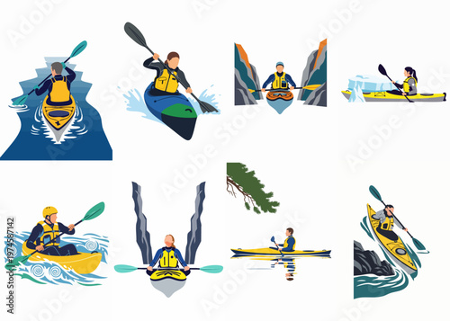Set of flat vector illustrations showing people kayaking in different environments like white-water rapids, calm lakes, narrow canyons, and arctic waters with icebergs.