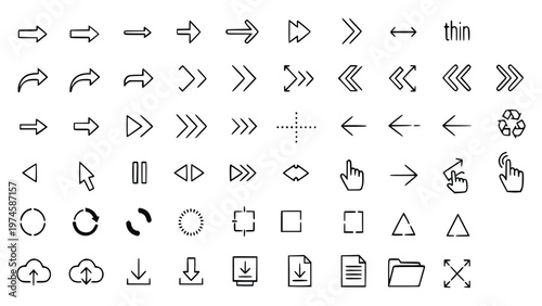 Various black and white icons depicting arrows and symbols for user interface navigation and actions on a white background