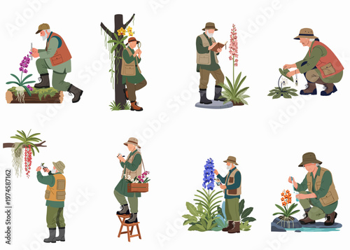 Set of senior botanist characters conducting scientific research and field studies on exotic orchid flowers in their natural habitat.