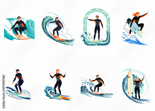 Collection of Vector Illustrations of Men and Women Surfing in Wetsuits on Ocean Waves, Perfect for Summer and Sports Designs.