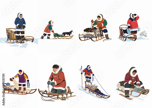 Collection of Illustrations Depicting Indigenous Arctic People Engaged in Traditional Activities with Sleds and Winter Gear in Snowy Environments