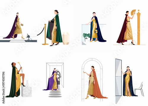 Collection of elegant women in gold sequin dresses and colorful capes, set of flat fashion illustrations for gala event or red carpet.