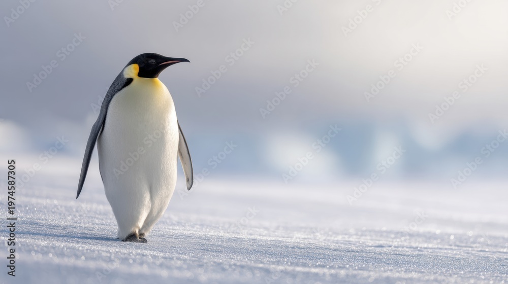 Obraz premium Emperor penguin walking on ice in Antarctica. Wildlife in frozen landscape with snow. Natural habitat of seabird in polar region. Biology, environmental protection and nature concept.