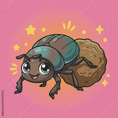 Cute Cartoon Dung Beetle Rolling Dung Ball