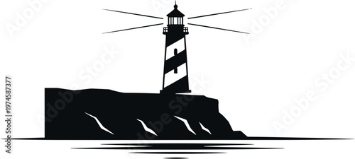 A clean, minimalist vector illustration of a lighthouse on a rocky cliff, symbolizing guidance and leadership. Perfect for branding, logos, and nautical themes.