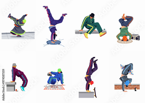 Diverse collection of vector illustrations featuring street dancers and breakdancers in athletic poses wearing urban fashion, tracksuits, and bucket hats.