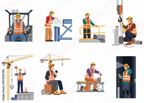 Collection of flat vector illustrations depicting construction site workers in various roles, from engineers and operators to inspectors and signalmen.
