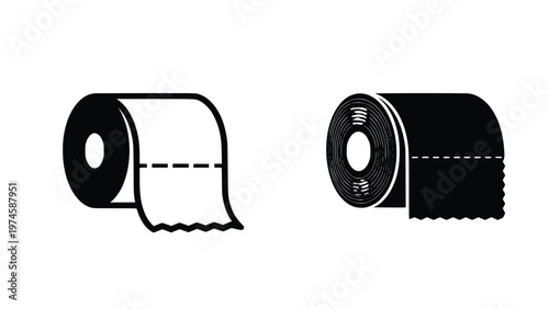 Black and white illustration of two toilet paper rolls with one roll having a white sheet unrolled and the other roll fully wrapped in black
