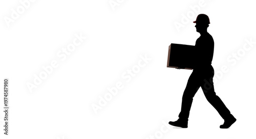 Silhouette of a construction worker carrying a box, isolated on white background