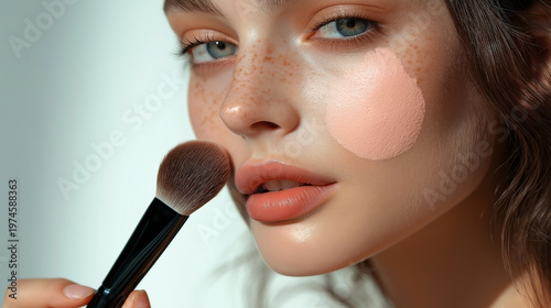 Young Diverse Woman with Afro Hair Applying Foundation Using Beauty Sponge
