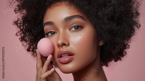 Young Diverse Woman with Afro Hair Applying Foundation Using Beauty Sponge
