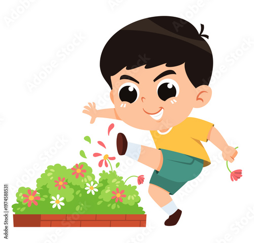 Naughty Boy Stepping on Flowers Cartoon Illustration