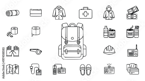 Various items for emergency preparedness and survival are shown in a collection of icons including a backpack, first aid kit, food, and clothing.