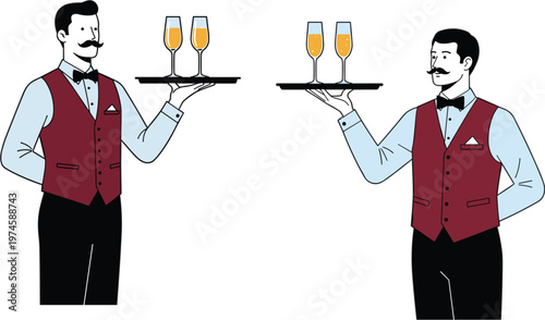 Elegant professional waiter with mustache carrying champagne glasses on tray for luxury restaurant service