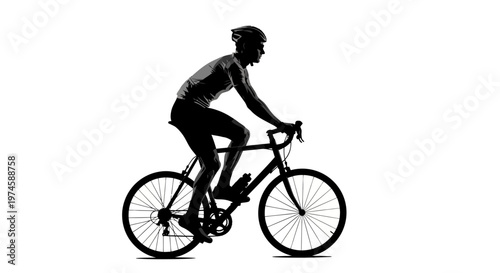 Silhouette of a cyclist in motion on a road bike, isolated on white background