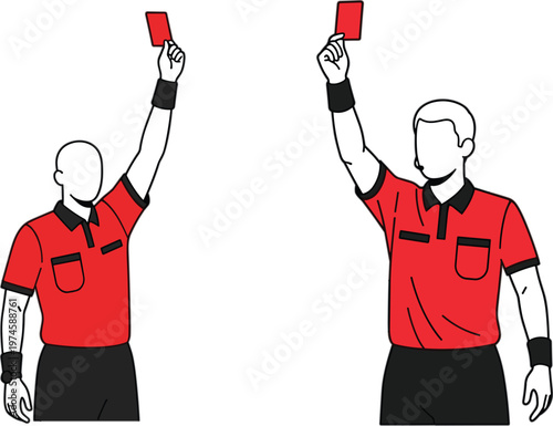 Sports referee holding up red card for foul penalty and soccer football match judgment character collection for game discipline concept