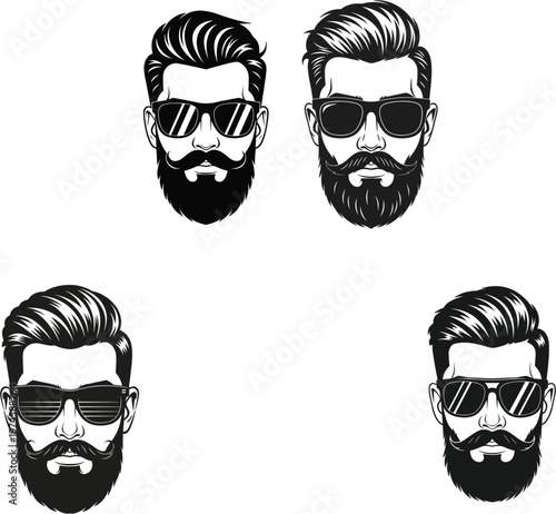 Cool hipster man with beard mustache and sunglasses head silhouette collection for barber shop salon