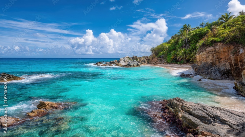 Obraz premium Tropical beach with turquoise sea and rocky coastline. Scenic landscape with exotic palm tree and white sand beach. Paradisiacal summer travel destination for peaceful island vacation.